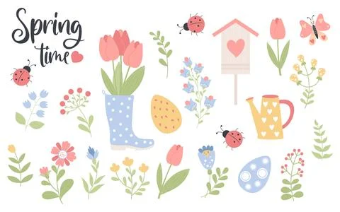 Spring time. Collection of flowers, rubber boot with bouquet tulips, wateri.. イラスト素材