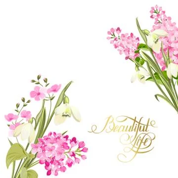 Spring time concept of card with blooming flowers isolated over white background Illustrazione stock