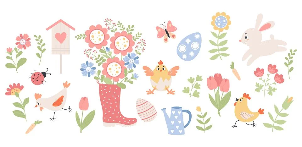 Spring time. Easter collection of paschal animal rabbit, chick and poultry, eggs Illustrazione stock