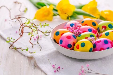 Spring time - Easter eggs and tulips on white background Spring time - Eas... 스톡 사진