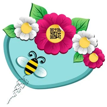 Spring time flower and bee with qr code Stock Illustration