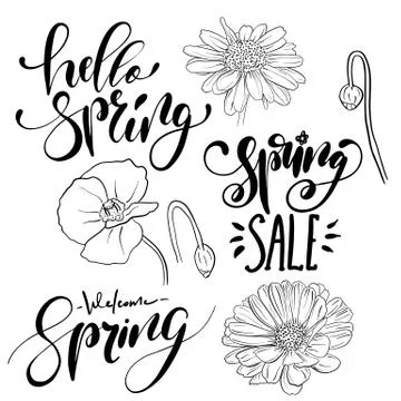 Spring time hand drawn lettering designs set. Stock Illustration
