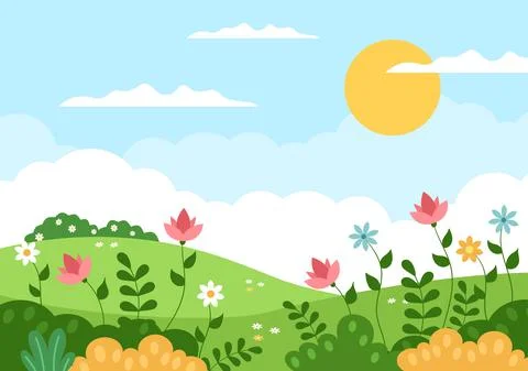 Spring Time Landscape Background with Flowers Season, Rainbow and Plant for P Stock Illustration