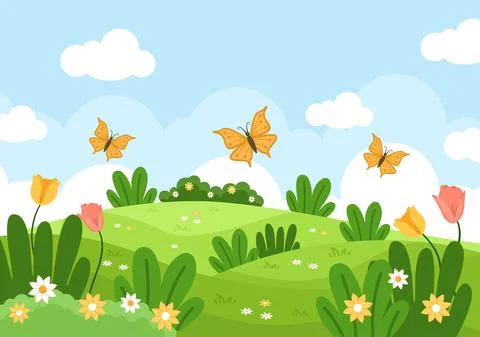 Spring Time Landscape Background with Flowers Season, Rainbow and Plant for P Stock Illustration
