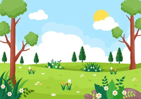 Spring Time Landscape Background with Flowers Season, Rainbow and Plant for P Stock Illustration