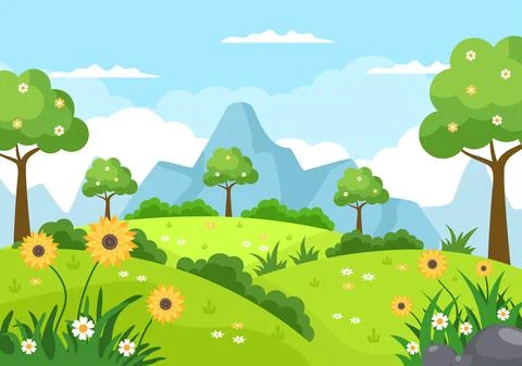Spring Time Landscape Background with Flowers Season, Rainbow and Plant for P Stock Illustration