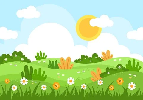 Spring Time Landscape Background with Flowers Season, Rainbow and Plant for P Stock Illustration