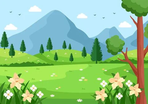 Spring Time Landscape Background with Flowers Season, Rainbow and Plant for P Stock Illustration