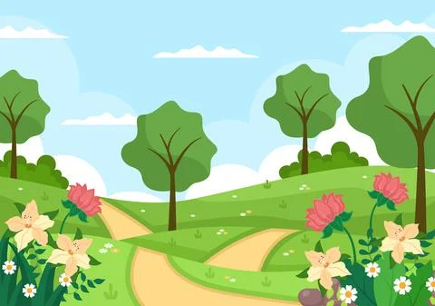 Spring Time Landscape Background with Flowers Season, Rainbow and Plant for P Stock Illustration