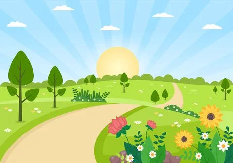 Spring Time Landscape Background with Flowers Season, Rainbow and Plant for P Stock Illustration