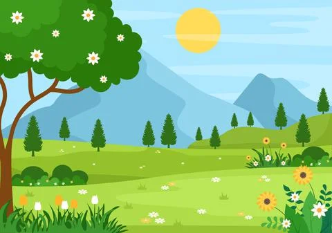 Spring Time Landscape Background with Flowers Season, Rainbow and Plant for P Stock Illustration