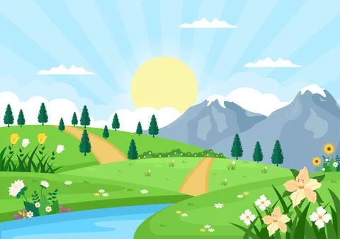 Spring Time Landscape Background with Flowers Season, Rainbow and Plant for P Stock Illustration