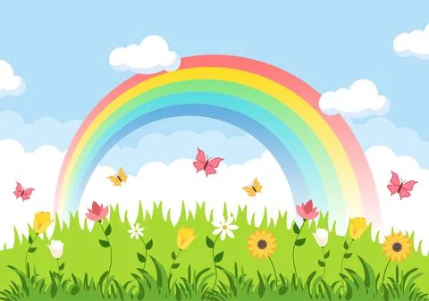 Spring Time Landscape Background with Flowers Season, Rainbow and Plant for P Stock Illustration