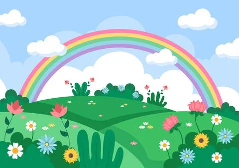 Spring Time Landscape Background with Flowers Season, Rainbow and Plant for P Stock Illustration