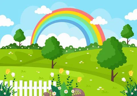 Spring Time Landscape Background with Flowers Season, Rainbow and Plant for P Stock Illustration