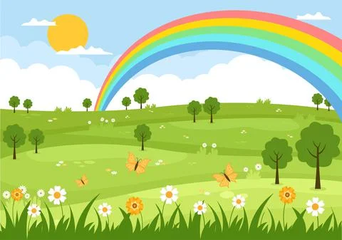 Spring Time Landscape Background with Flowers Season, Rainbow and Plant for P Stock Illustration