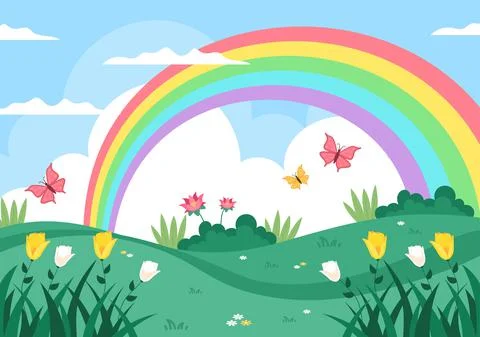 Spring Time Landscape Background with Flowers Season, Rainbow and Plant for P Stock Illustration