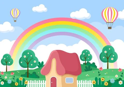 Spring Time Landscape Background with Flowers Season, Rainbow and Plant for P Stock Illustration