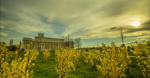 Spring time lapse with sunset over Parliament House in Bucharest 4K Stock Footage 49119634