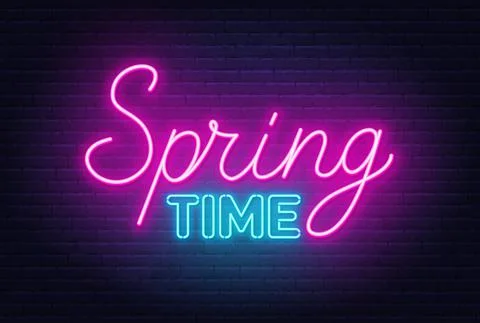 Spring Time neon quote on a brick wall. Stock Illustration