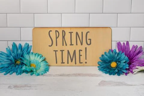 Spring Time! sign with bright summer flowers Stock Photos