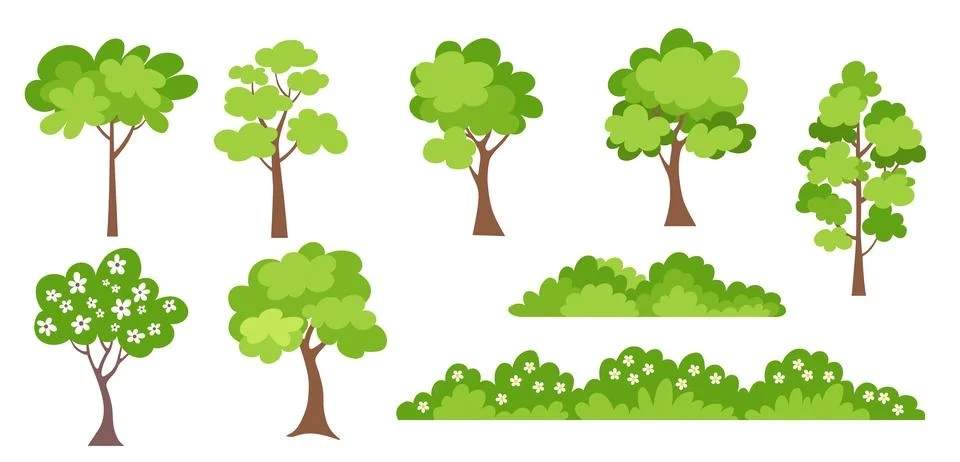 Spring time trees with flowers. Collection of forest trees and bushes. Illustrazione stock