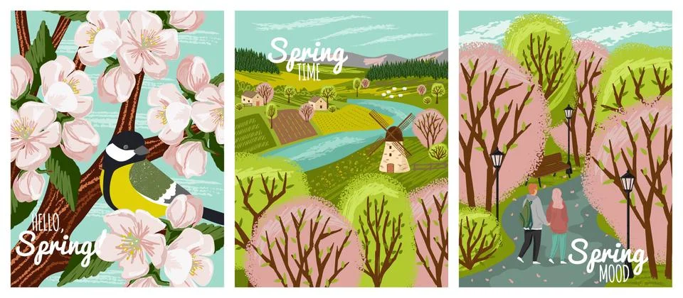 Spring time vector hand drawn posters. Spring season illustrations of happy Stock Illustration