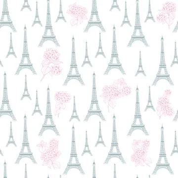 Spring tour swatch with hydrangea flowers and eiffel tower. Stock Illustration