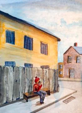 Spring town and man on the bench Stock Illustration