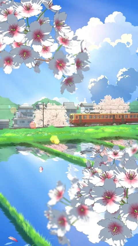 Spring Train Through Japanese Countryside - Anime Rural Landscape Loop vertical Vídeos de archivo 335515325