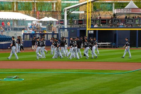 Spring Training Chicago White Sox baseball players warming up on field Stock Photos