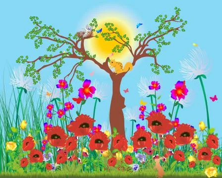 Spring tree and flowers Illustrazione stock
