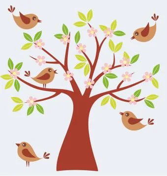 Spring tree with birds Stock Illustration