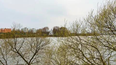 Spring tree branch without leaves and new orthodox church in background Stock Photos