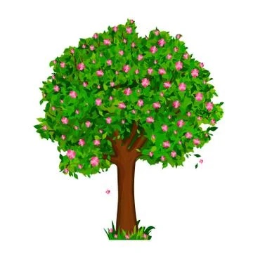 Spring tree with green leaves and pink flowers Illustrazione stock