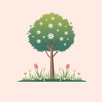 A spring tree with green leaves with blooming flowers Vector Stock Illustration