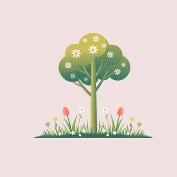 A spring tree with green leaves with blooming flowers Vector Stock Illustration