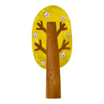 Spring tree hand drawn raster graphic blooming with purple flowers isolated.. Stock Illustration