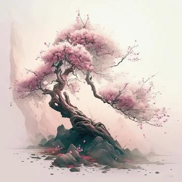 Spring tree nature illustration, blossom Japanese sakura, wooden trunk, pink Иллюстрация