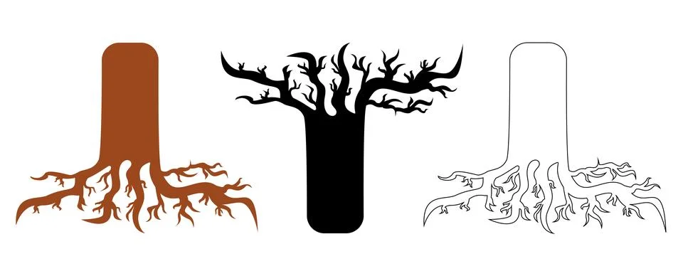 Spring tree root with black silhouette and line art Stock Illustration