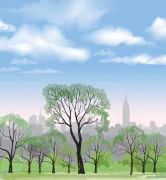 Spring trees park over city background. Landscape skyline Ilustração Stock