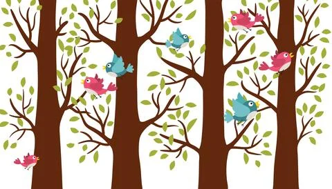 Spring trees standing in a row with young foliage and birds. Forest scene w.. Illustrazione stock
