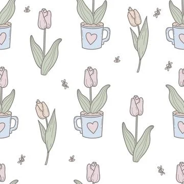 Spring Tulip Flower Seamless Pattern. Repeating Plants in Cup on White Back.. Stock Illustration