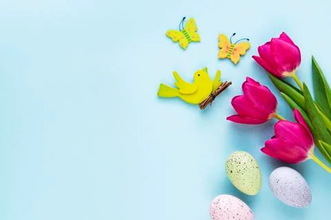 Spring tulips and easter eggs Stock Photos