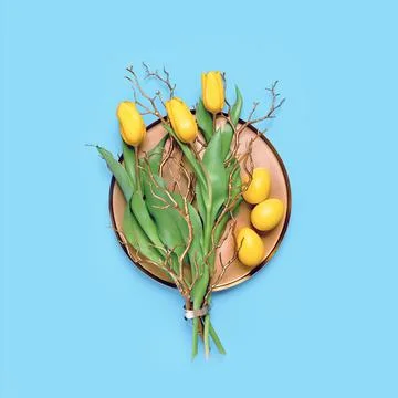 Spring tulips and Easter eggs on golden tray Stock Photos