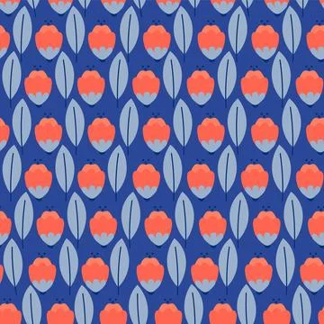 Spring tulips buds seamless pattern. Bright flowers on blue background. Illustrazione stock