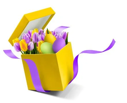 Spring tulips with easter eggs in yellow gift box isolated on white Stock Photos