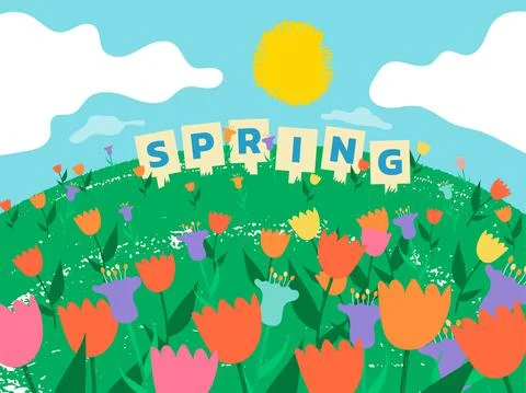 Spring Tulips Growing on Small Hill Stock Illustration