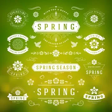 Spring Typographic Design Set. Retro and Vintage Style Templates. Stock Illustration