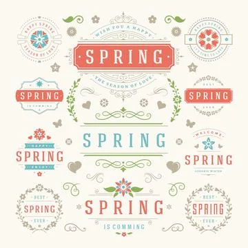 Spring typography labels and badges design set vintage style templates. Stock Illustration